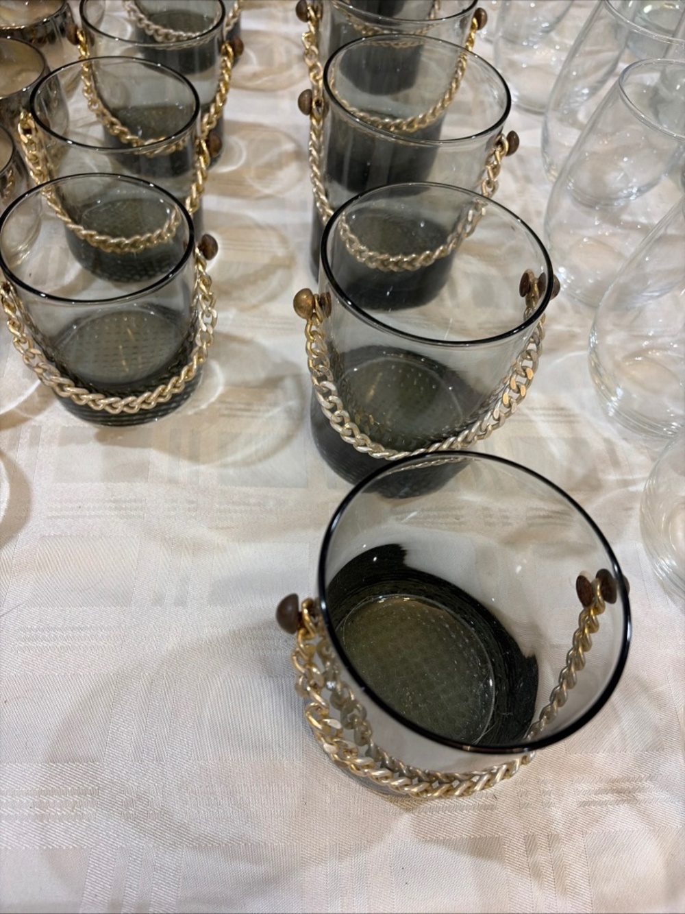 Vintage 1968 Nila Smoked Glass Barware Set Gold Chain Wood Bead Highball & Rocks